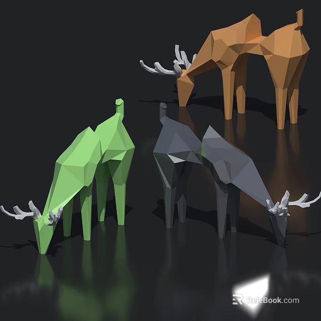 Green Gray And Brown Geometric Origami Deer Models With Antlers Bowing Heads On Black Background 3d model 
