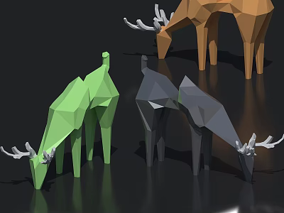 Green Gray And Brown Geometric Origami Deer Models With Antlers Bowing Heads On Black Background 3d model