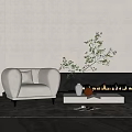 White Single Sofa In Modern Living Room With Fireplace Green Plant And Gray Carpet