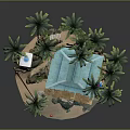Cartoon Island Scene With Blue Roof Cottage Palm Trees And Water Area