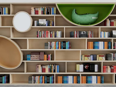 Modern Bookshelf With Multiple Compartments Colorful Books Round Mirror And Green Crocodile Cushion 3d model