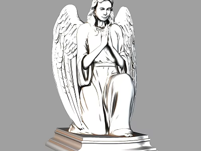 Kneeling Angel Sculpture Carving with Clasped Hands Large Wings and Pedestal Base 3d model
