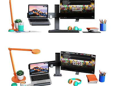 Modern Laptop And Monitor Desk Setup With Stand Desk Lamp Headphones And Small Plant 3d model