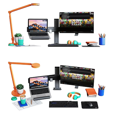 Modern Laptop And Monitor Desk Setup With Stand Desk Lamp Headphones And Small Plant 3d model