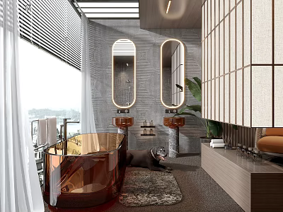 Modern Luxury Bathroom With Amber Freestanding Bathtub Double Backlit LED Mirrors And Large Scenic Window 3d model