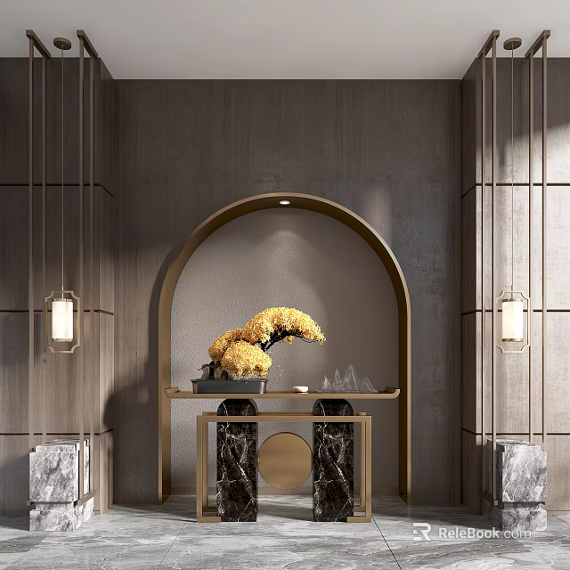 Elegant Console Table With Arched Design Yellow Flowers And Hanging Lights 3d model