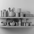 Kitchen Utensils Organized on Wooden Shelves with Black Jug Glass Jars Spices Mortar and Bowls