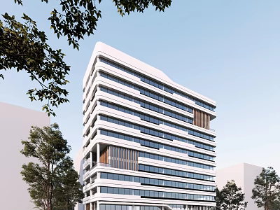 Modern Multi Storey Office Building With Glass Curtain Wall And White Facade Surrounded by Trees 3d model