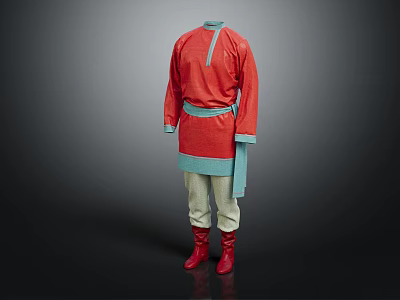 Traditional Costume With Red Top Blue Belt Cuff Details Beige Pants And Red Boots 3d model