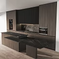 Modern Kitchen With Wooden Cabinets Black Stone Countertop Island Built-in Ovens And Sink