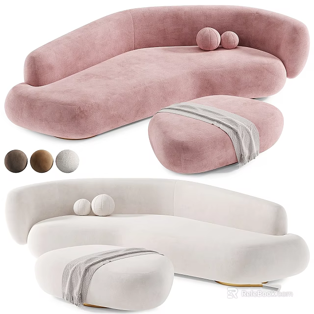 Pink And White Velvet Sofa Set With Ottoman And Multiple Color Options 3d model 