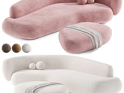 Pink And White Velvet Sofa Set With Ottoman And Multiple Color Options 3d model