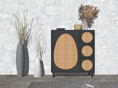 Black Console Cabinet With Rattan Door Panels Decorative Vases And Dried Flowers In Entryway 3d model