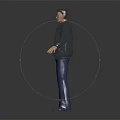Man In Black Leather Jacket White Shirt Blue Pants With Arms Outstretched On Dark Floor