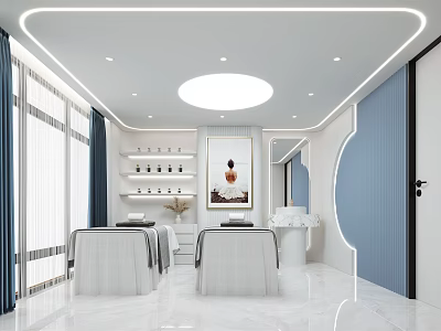 Bright Modern SPA Sauna Room Featuring White Massage Beds Blue Curtains and Wall Art 3d model