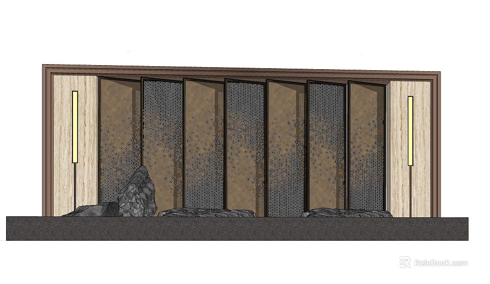 Modern Feature Wall With Wooden Frames Mesh Panels Stone Decor And Side Lighting 3d model