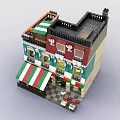 Building Blocks European Style Café Building With Green Wall Balcony Striped Awning