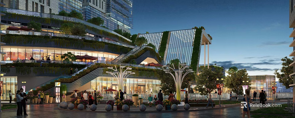 Modern Commercial Street With Greenery Covered Architecture Glass Facades And Evening Pedestrian Activity 3d model 