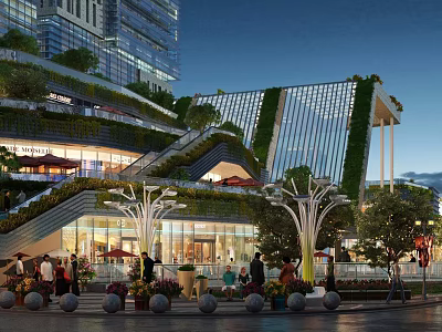 Modern Commercial Street With Greenery Covered Architecture Glass Facades And Evening Pedestrian Activity 3d model