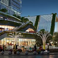 Modern Commercial Street With Greenery Covered Architecture Glass Facades And Evening Pedestrian Activity