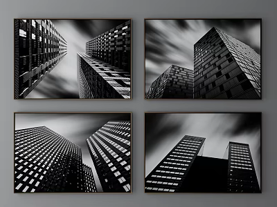 Black and White Urban Landscape Collage With Tall Buildings Glass Facades And Dynamic Sky 3d model