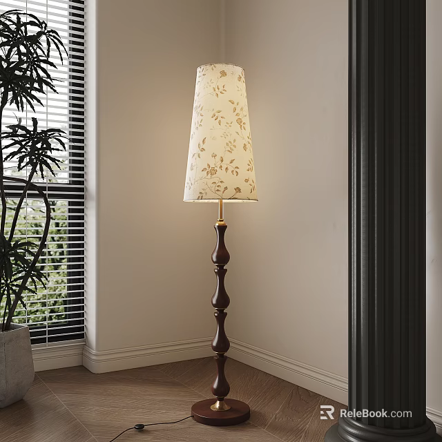 Stylish Floor Lamp With Floral Shade And Wooden Base In Living Room Corner 3d model 