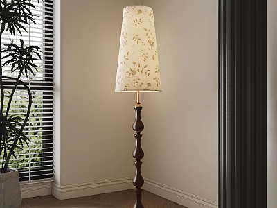 Stylish Floor Lamp With Floral Shade And Wooden Base In Living Room Corner 3d model