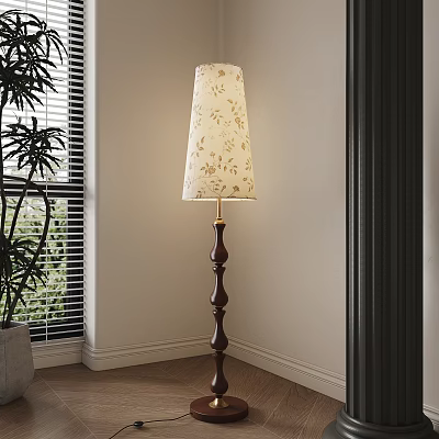 Stylish Floor Lamp With Floral Shade And Wooden Base In Living Room Corner 3d model