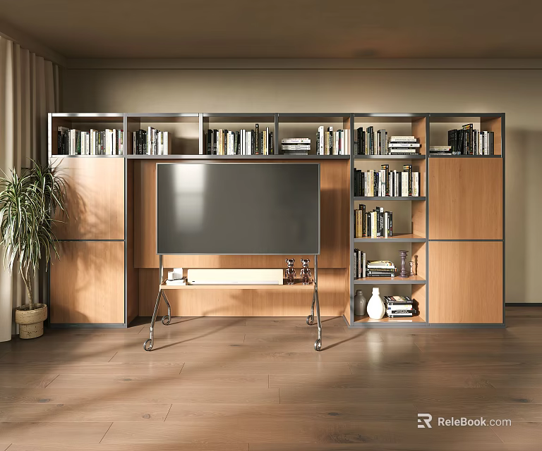 Modern TV Wall Design With Wooden Bookshelves Books And Wooden Floor 3d model 