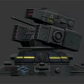 Sci Fi Mechanical Turret 3D Model With Armored Structure Multiple Weapon Systems And Warning Signs