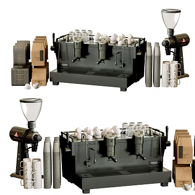 Coffee Decorative Ornament Set With Coffee Machine Grinder Mugs And Bean Bags 3d model