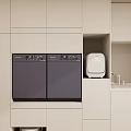 Wooden Kitchen Storage Cabinet With Open Shelves Holding Bottles And Appliances
