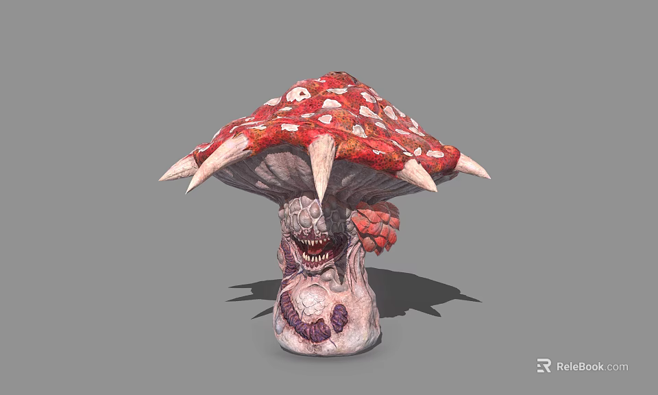 Horror Mushroom Creature With Spiked Red White Spots Cap And Grotesque Face 3d model 