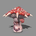 Horror Mushroom Creature With Spiked Red White Spots Cap And Grotesque Face