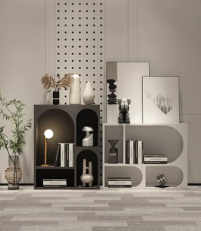 Modern Entryway Cabinet Sideboard Design Featuring Geometric Shelves Decorative Vases Books And Sculptures 3d model