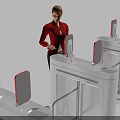 Woman in Red Jacket Operating Security Checkpoint Gates with Gray Panels