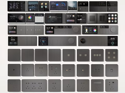Modern Gray Switch Panels With Various Sockets Control Buttons And Smart Displays 3d model