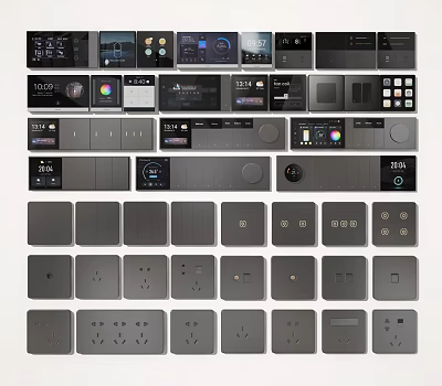 Modern Gray Switch Panels With Various Sockets Control Buttons And Smart Displays 3d model