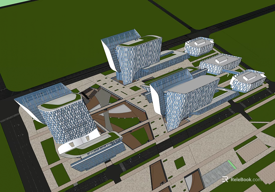 Modern Office Building Complex With Glass Facades Green Spaces And Planned Layout 3d model
