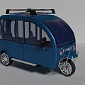 Blue Electric Tricycle With Enclosed Cabin Roof Rack And Passenger Seats