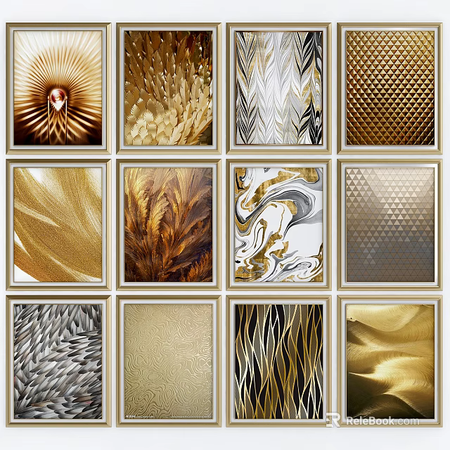 Modern Abstract Paintings With Gold Silver Wave Textures Geometric Patterns And Feather Designs 3d model
