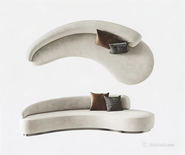 Unique Curved Sofa Design With Beige Upholstery And Brown Gray Pillows 3d model 