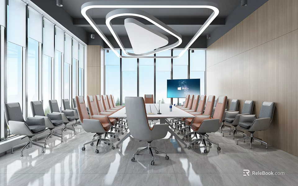 Modern Conference Room Interior Design With Long Table Ergonomic Chairs Large Screen And Windows 3d model 