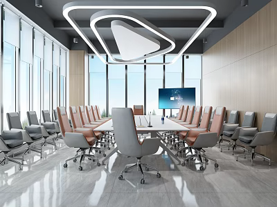 Modern Conference Room Interior Design With Long Table Ergonomic Chairs Large Screen And Windows 3d model