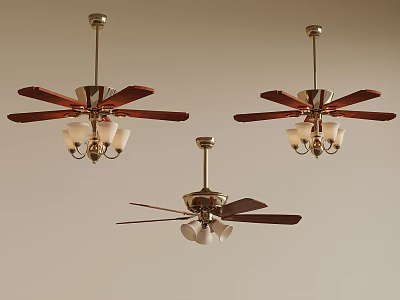 Stylish Ceiling Fans With Wooden Blades Golden Base And White Lampshades 3d model
