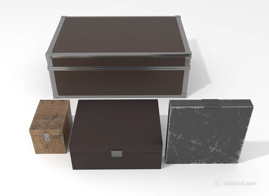 Various Decorative Storage Boxes Featuring Wooden Leather And Textured Surfaces In Different Sizes 3d model