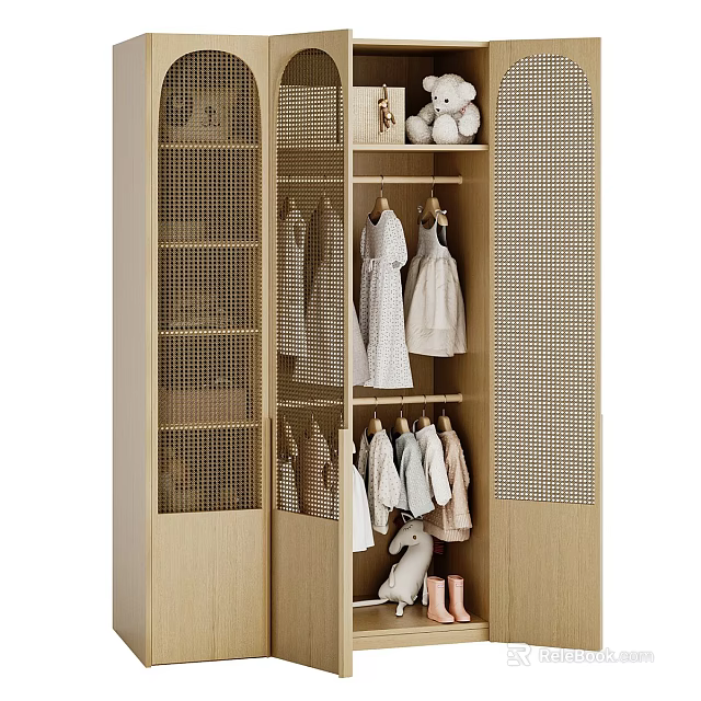 Modern Wooden Wardrobe With Mesh Doors Open Shelves Hanging Dresses And Shirts 3d model 