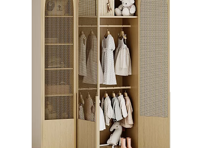 Modern Wooden Wardrobe With Mesh Doors Open Shelves Hanging Dresses And Shirts 3d model