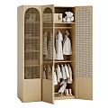 Modern Wooden Wardrobe With Mesh Doors Open Shelves Hanging Dresses And Shirts