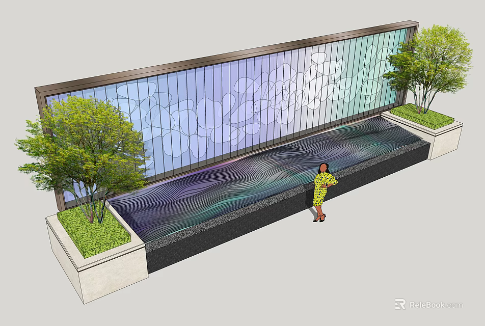 Modern Colorful Stained Glass Feature Wall With Wavy Water Surface And Side Trees 3d model 